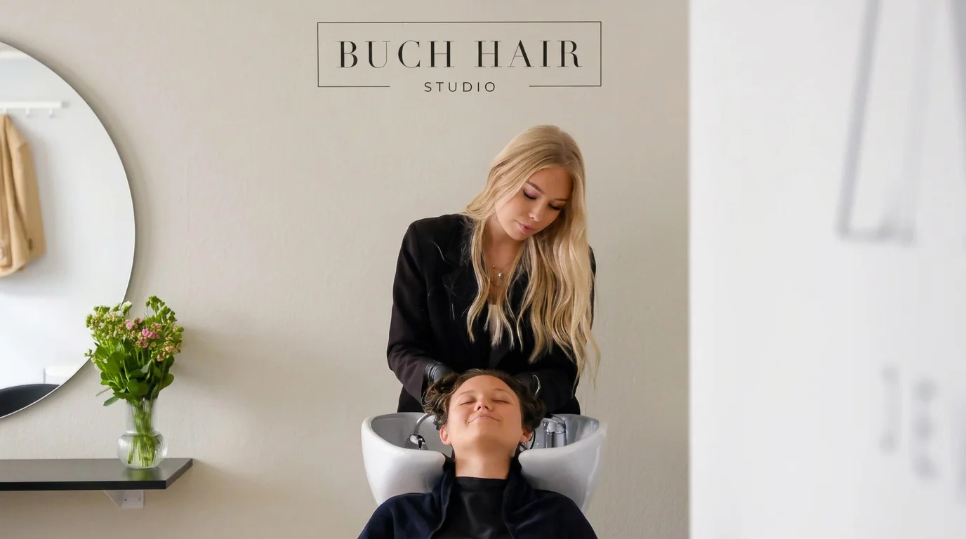 Buch Hair Studio salonen — hovedbundsvask under Buch Hair Studio-logoet